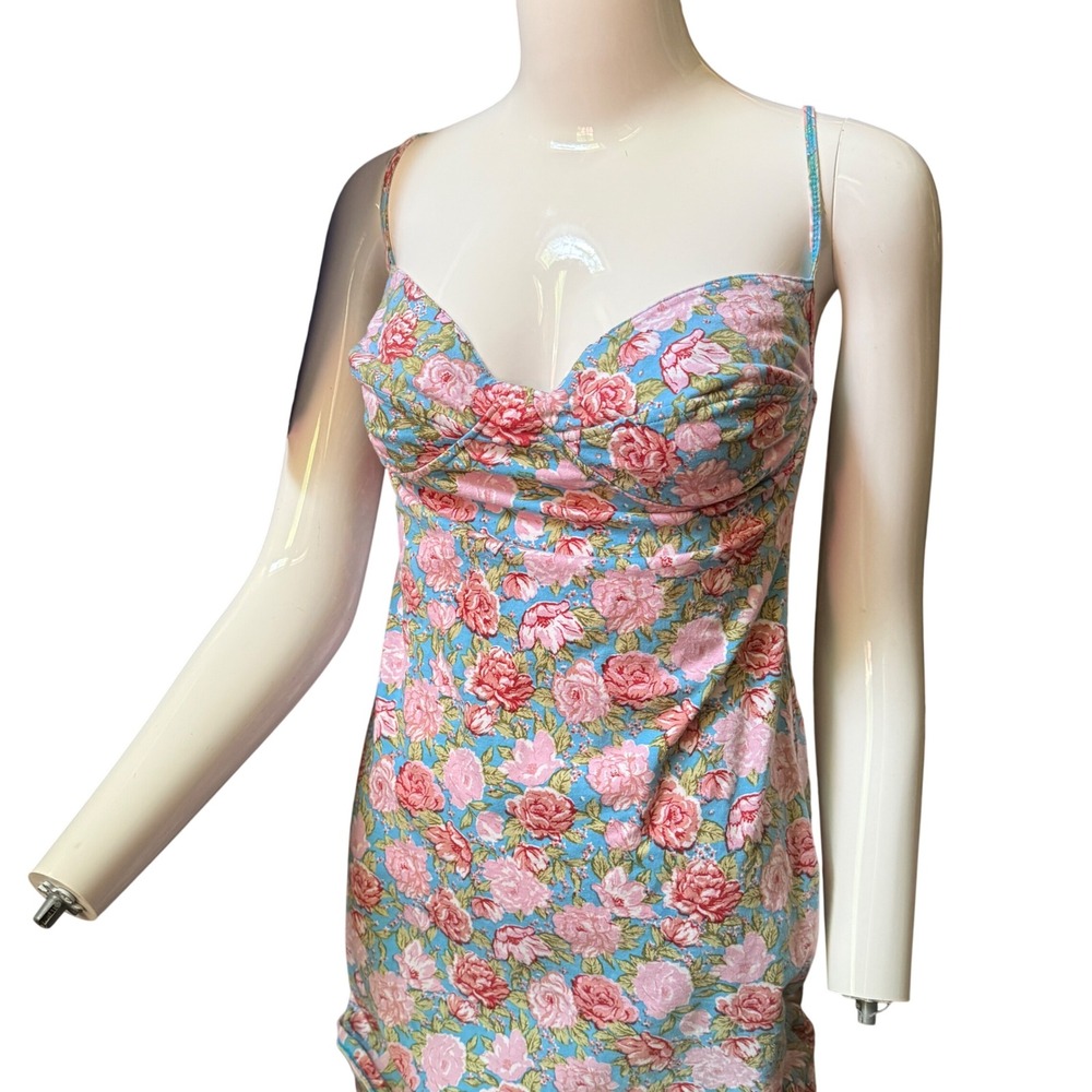Motel Rocks Blue Pink Floral Rose Print Bodycon Mini Dress Large Sweetheart Y2K